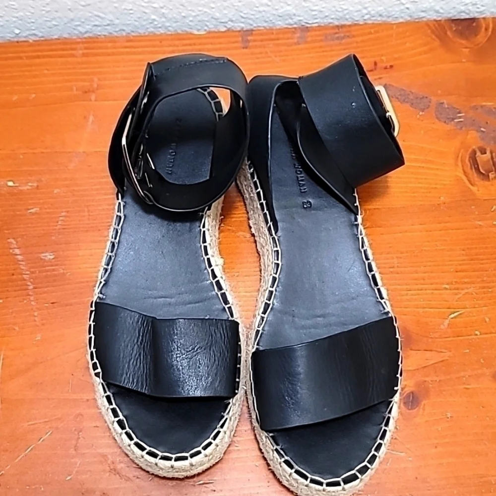 Zara Woman Black Leather Ankle Strap Espadrille‎ Sandals Size 38 Platform Jute